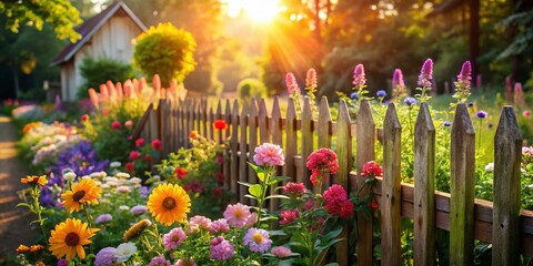 Charming Cottage Garden with Blooming Flowers and Rustic Fence - High-Resolution Stock Photo