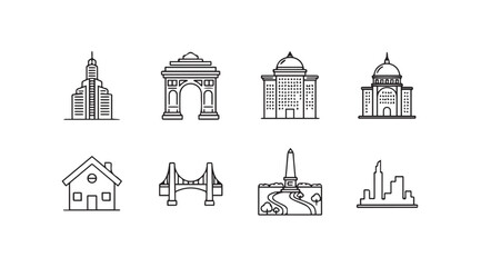 Collection of iconic architectural landmarks buildings and structures hand drawn sketch style icons vector