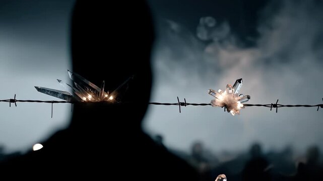 Crystals on barbed wire fence, dark, ominous, and symbolic