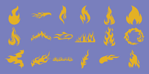 Collection of Yellow Flame Graphics on a Purple Background