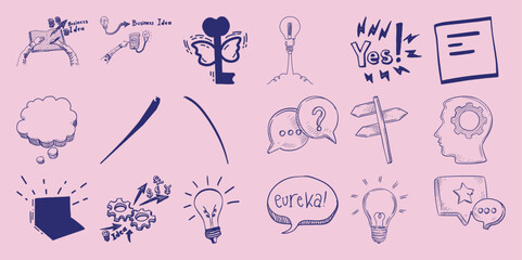 Hand-Drawn Business and Idea Icons with Lightbulbs and Thought Bubbles