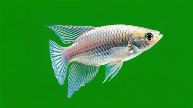 Close up of a single ram cichlid fish with silver scales against a solid green background image green screen animal video