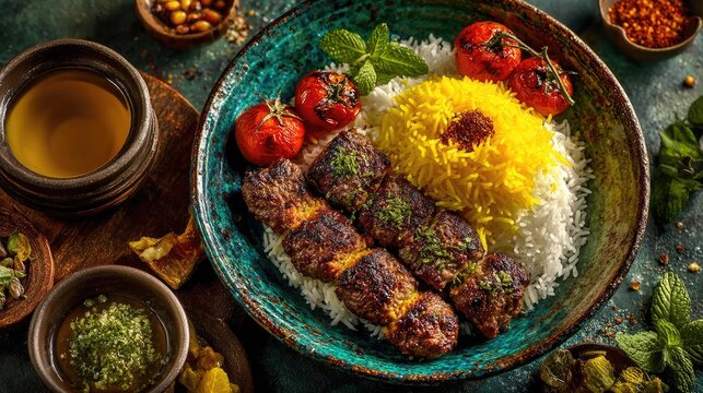 Iran dish Chelo Kabab Saffron rice with grilled meat skewers often served with grilled tomatoes and sumac