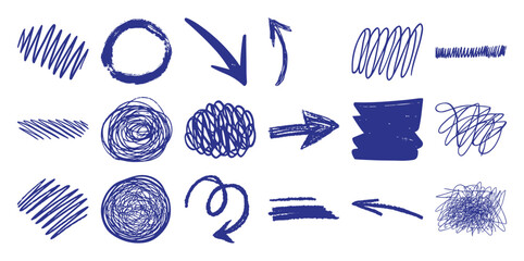 Collection of Hand-Drawn Blue Scribbles, Arrows, and Shapes on White Background