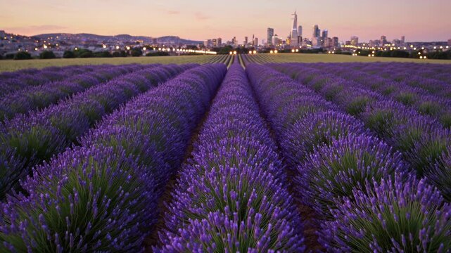 Rows of lavender lead toward skyline bathing city horizon in sunset glow at dusk while purple bloom fills field in floral row pattern creating calm fragrance landscape contrast for relaxation tourism