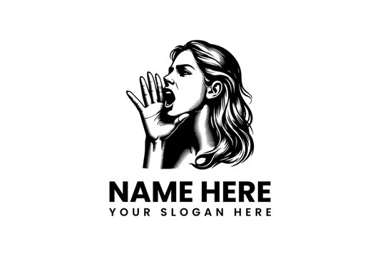 Powerful black and white illustration of a woman shouting, a symbolic design for communication, protest, or making a loud statement, ideal for branding and impactful messaging