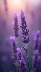 Obraz premium Close up macro shot of purple lavender field at sunrise. Soft light bathes delicate flower stems. Tranquil natural scene evokes peace and calm.