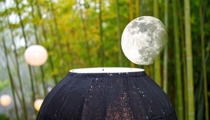 Moonlit Bamboo Forest with Floating Lanterns and Soft Fog