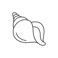 Black line drawing of a seashell with a spiral top and a curved opening on a white background