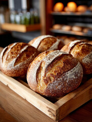 Artisan bread loaves in a wooden tray at a bakery.