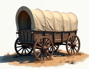 Illustration of a classic covered wagon. Wooden antique transport vehicle design on white background. Old cart carriage from Wild West era western transportation.