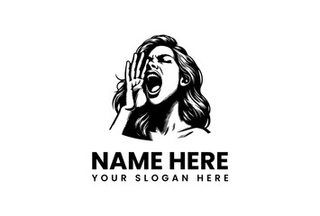 Powerful black and white illustration of a woman intensely screaming or yelling, showcasing raw emotion and strong, expressive vocalization, captured in a dynamic monochrome style