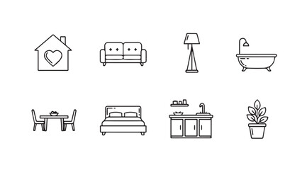 Set of hand drawn line art icons representing home furnishings and interior design elements vector
