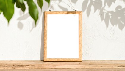 Blank Wooden Frame Mockup Against Limewash Wall in Sunlight