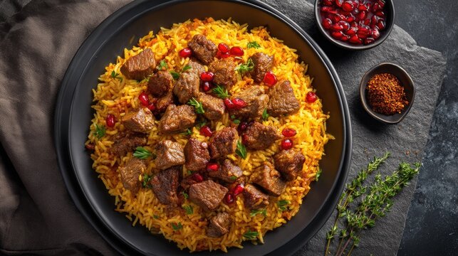 Saudi Arabia dish Kabsa Spiced rice with meat yellow-orange with meat chunks