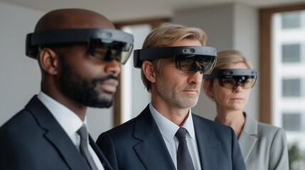 Team of attorneys collaborating through AR headsets displaying real-time case data, representing intelligent workflow, digital law management, and the integration of artificial intelligence in