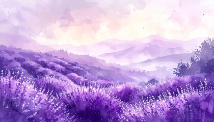 Obraz premium ラベンダー畑の水彩背景