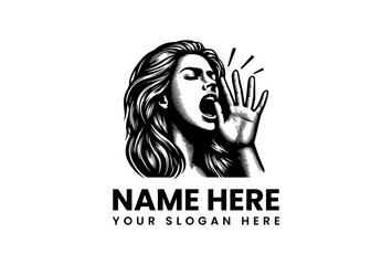 Black and white logo of a woman shouting, with space for a company name and slogan, a striking design