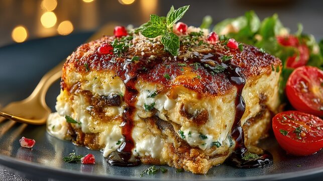Greece dish Moussaka Layered eggplant minced meat and bechamel sauce baked to golden perfection