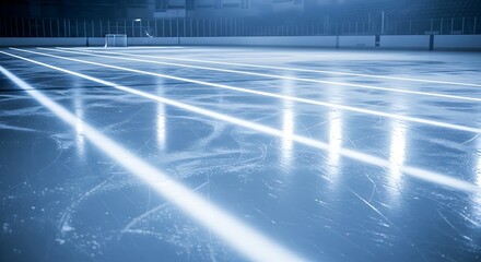 Slick hockey rink surface reflecting bright arena lights creating dynamic patterns on the ice