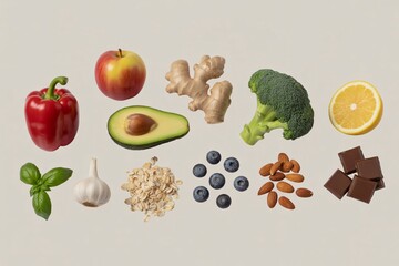 Healthy food items for diet and nutrition including fruits and veggies