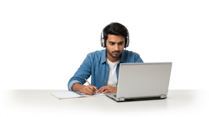 Young Man Studying Online with Laptop and Headphones