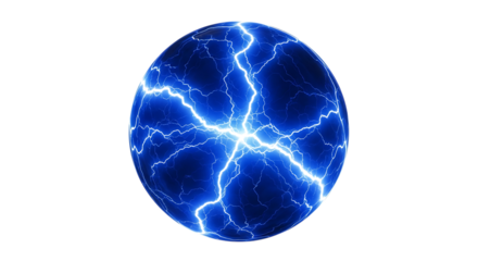 Blue energy sphere with crackling lightning effects, electric, cutout, PNG isolated on white or transparent background
