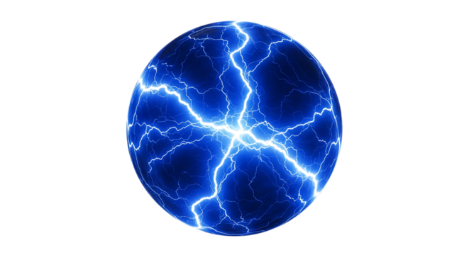 Blue energy sphere with crackling lightning effects, electric, cutout, PNG isolated on white or transparent background