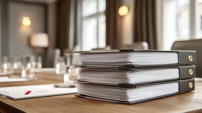 Ethics committee review: Organized folders containing double-blind study protocols on conference table
