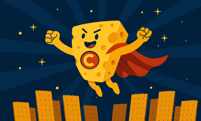 Dynamic flat vector of a cheese hero soaring over a cracker city at night. Great for creative food concepts, snack packaging, fun branding, or modern advertising visuals.