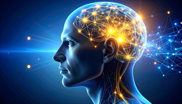 Cinematic 3D render of human head in profile view with illuminated neural lines and digital connections, symbolizing AI and neuroscience integration