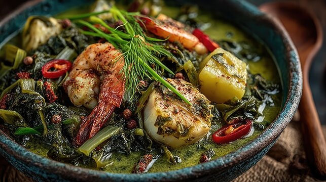 Grenada dish Oil Down Coconut milk stew with breadfruit callaloo and salted meat hearty and spiced