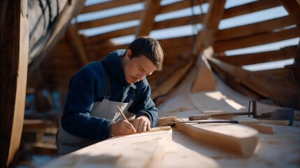 Ship carpenter repairing wooden parts of the vessel, reinforcing decks, and maintaining structural integrity represents craftsmanship, technical repair skills, preservation of ship integrity, and