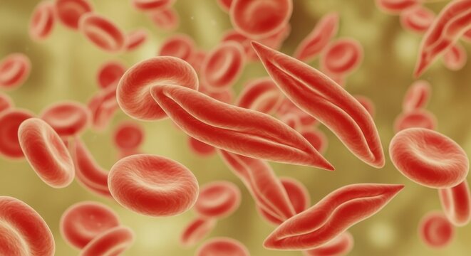 Explore red blood cells showcasing sickle cell anemia, an inherited blood disorder, for medical research and pharmaceutical development with this detailed view
