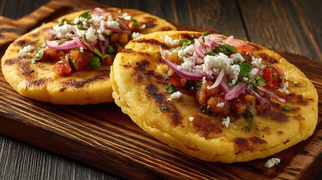 Venezuela dish Arepa Cornmeal flatbread with fillings round and golden