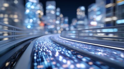 An abstract scene depicts glowing conveyor belts moving streams of holographic data, symbolizing artificial intelligence, futuristic technology, digital information flow, and conceptual metaphors