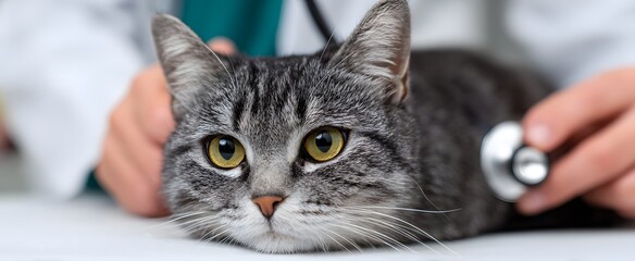 The cat feels nervous yet comforted during the veterinary checkup with stethoscope in bright clinic