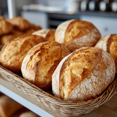 Fototapeta premium Golden crusty loaves of bread in a basket on display.