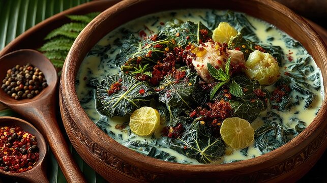 Kiribati dish Palusami Taro leaves baked with coconut cream often containing fish or meat