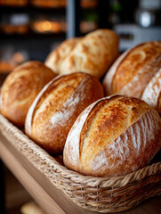 Freshly baked artisan bread in a rustic basket display.