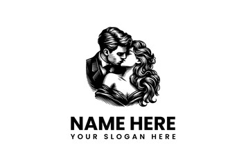 Romantic black and white illustration depicting a passionate couple's intimate embrace, perfect for elegant wedding invitations, anniversary branding, or timeless love-themed graphic designs