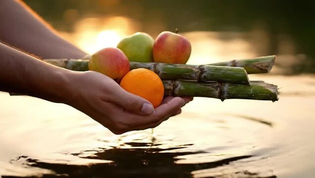 chhath puja hands offering fruits sugarcane during ritual