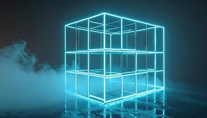 Neon Blue Cube Lattice in Foggy Glow