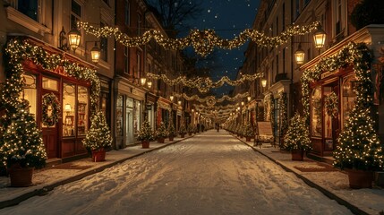 Obraz premium Peaceful snowy town street beautifully decorated for Christmas.