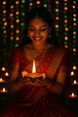 Beautiful Indian Woman Celebrating Diwali with Traditional Diya