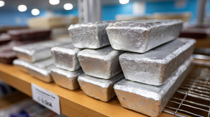 Stack of silver bars in a warehouse showcasing wealth and trade.