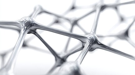 Abstract metallic molecular structure.  Close-up view of interconnected,  smooth,  silver nodes and  beams.  Complex,  geometric,  3D design