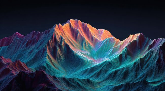 Vibrant, colorful mountain range. Dynamic, sculpted peaks in neon hues against a dark backdrop - Powered by Adobe
