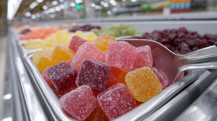 Assorted gummy candies in a display at a store.