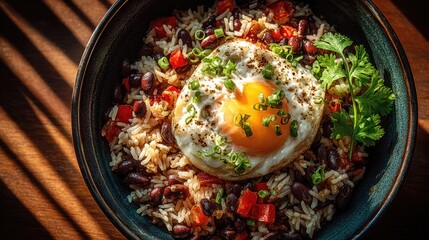 Fototapeta premium Nicaragua dish Gallo Pinto Rice and beans stir-fried together speckled red and white appearance